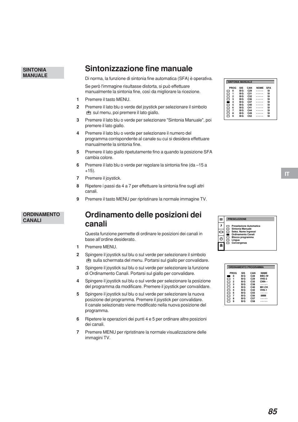 Sintonizzazione fine manuale, Ordinamento delle posizioni dei canali, Ordinamento canali sintonia manuale | Sony KP-41S4 User Manual | Page 85 / 149