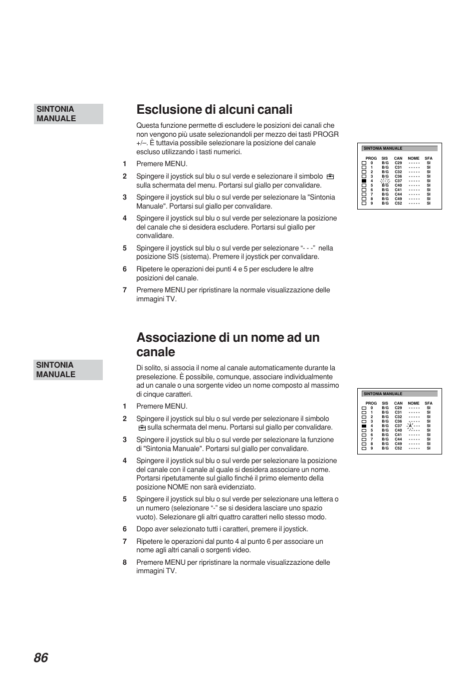 Esclusione di alcuni canali, Associazione di un nome ad un canale, Sintonia manuale | Sony KP-41S4 User Manual | Page 86 / 149