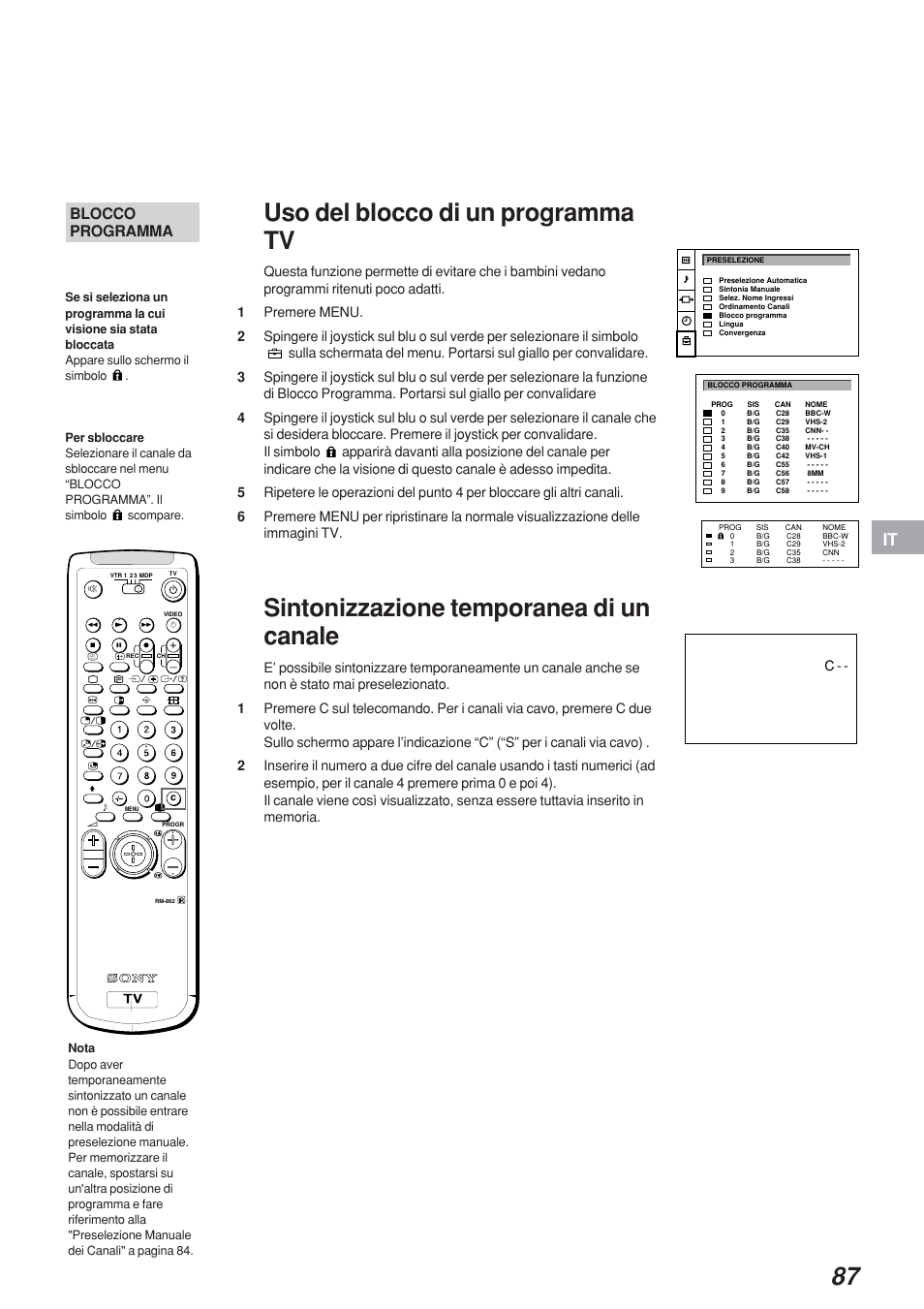 Uso del blocco di un programma tv, Sintonizzazione temporanea di un canale, Blocco programma | Sony KP-41S4 User Manual | Page 87 / 149