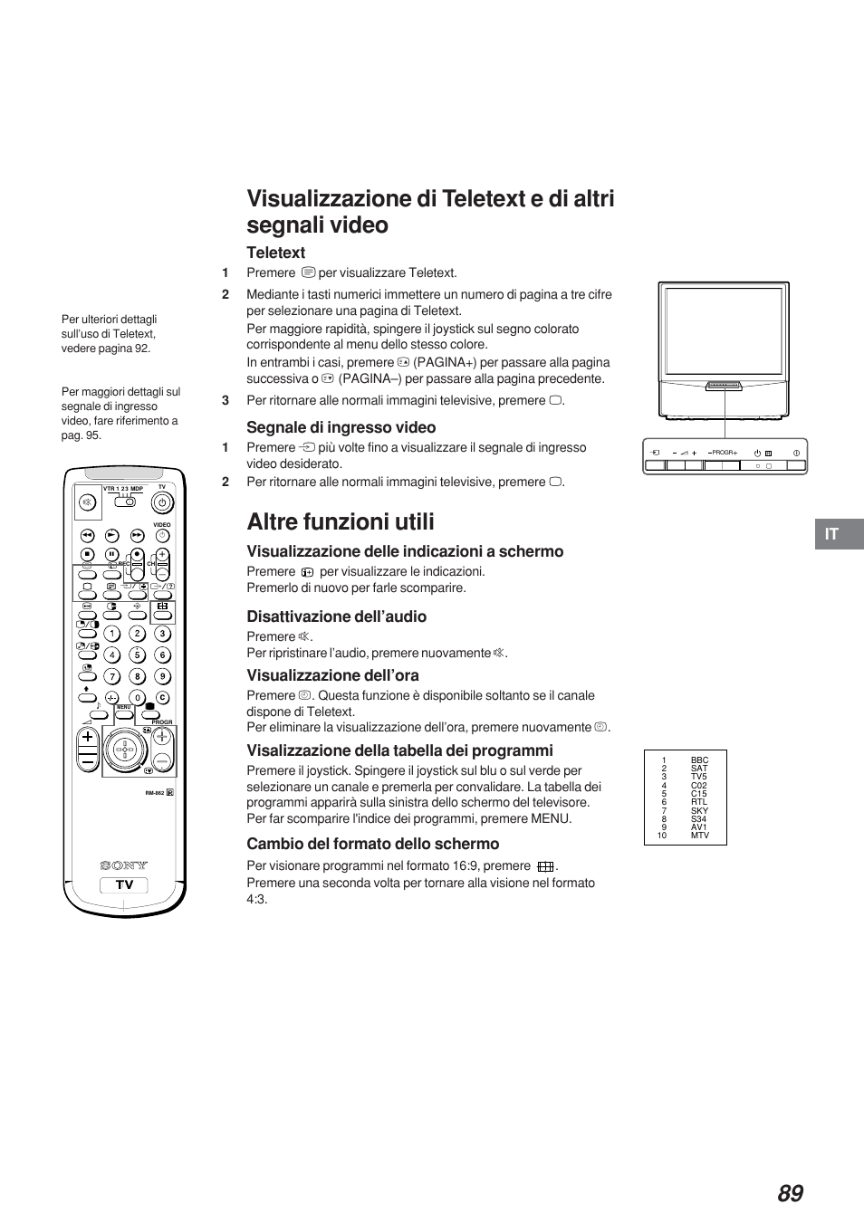 Altre funzioni utili, Teletext, Segnale di ingresso video | Visualizzazione delle indicazioni a schermo, Disattivazione dell’audio, Visualizzazione dell’ora, Visalizzazione della tabella dei programmi, Cambio del formato dello schermo | Sony KP-41S4 User Manual | Page 89 / 149