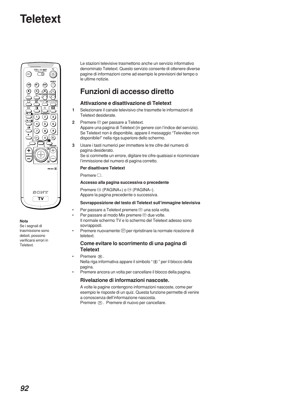 Teletext, Funzioni di accesso diretto, Attivazione e disattivazione di teletext | Rivelazione di informazioni nascoste | Sony KP-41S4 User Manual | Page 92 / 149