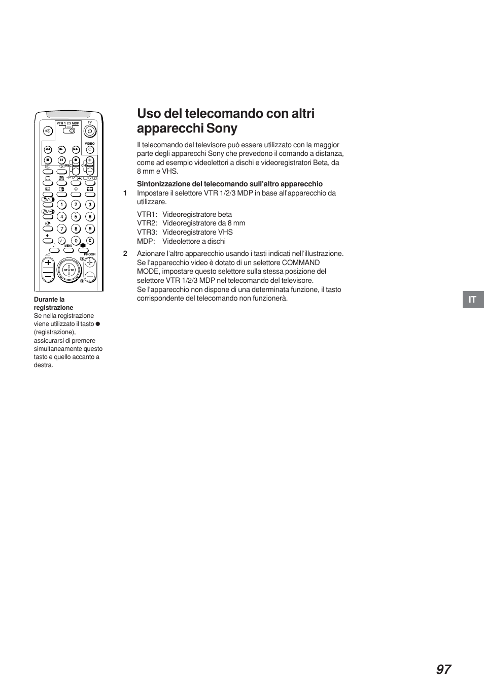 Uso del telecomando con altri apparecchi sony | Sony KP-41S4 User Manual | Page 97 / 149