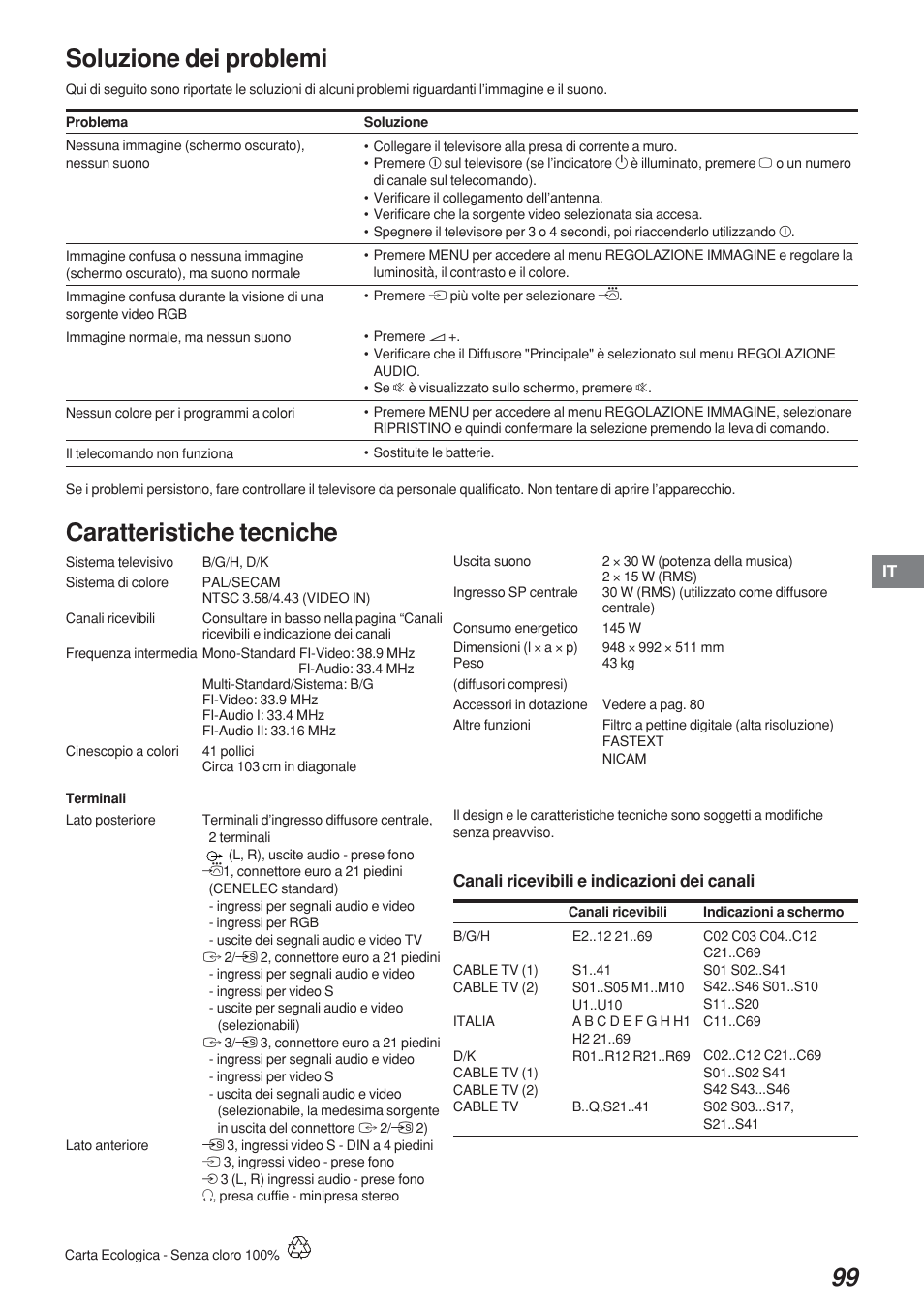 Soluzione dei problemi, Caratteristiche tecniche | Sony KP-41S4 User Manual | Page 99 / 149