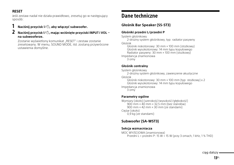 Dane techniczne | Sony HT-ST3 User Manual | Page 101 / 115