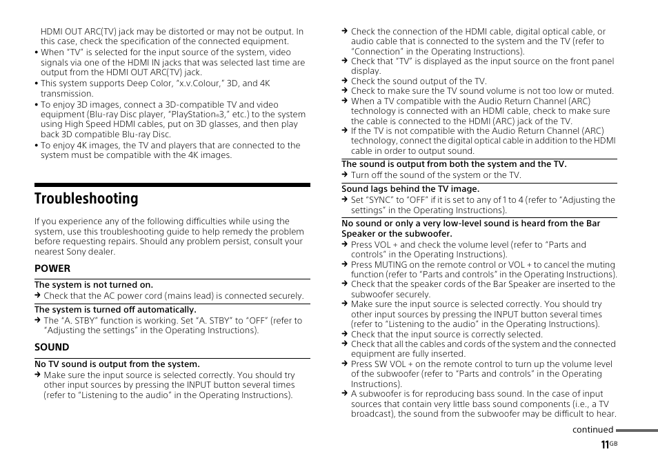 Troubleshooting | Sony HT-ST3 User Manual | Page 11 / 115