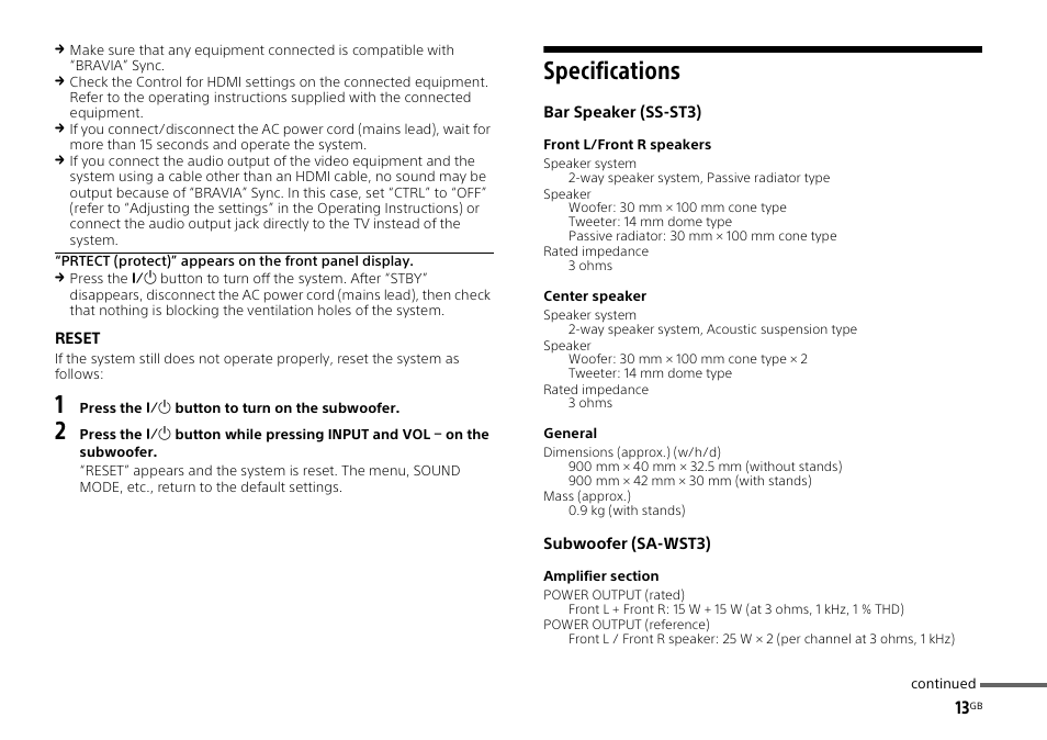 Specifications | Sony HT-ST3 User Manual | Page 13 / 115