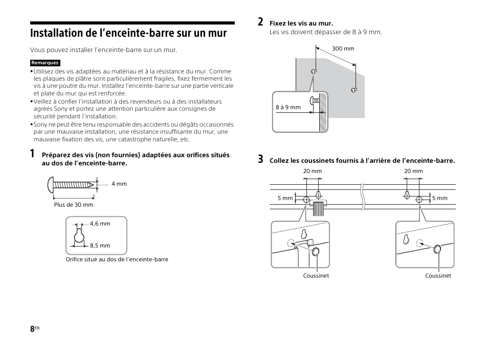 Installation de l’enceinte-barre sur un mur | Sony HT-ST3 User Manual | Page 22 / 115