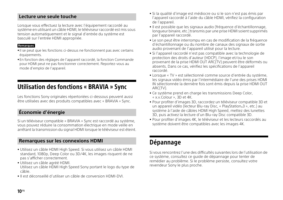 Utilisation des fonctions « bravia » sync, Dépannage | Sony HT-ST3 User Manual | Page 24 / 115