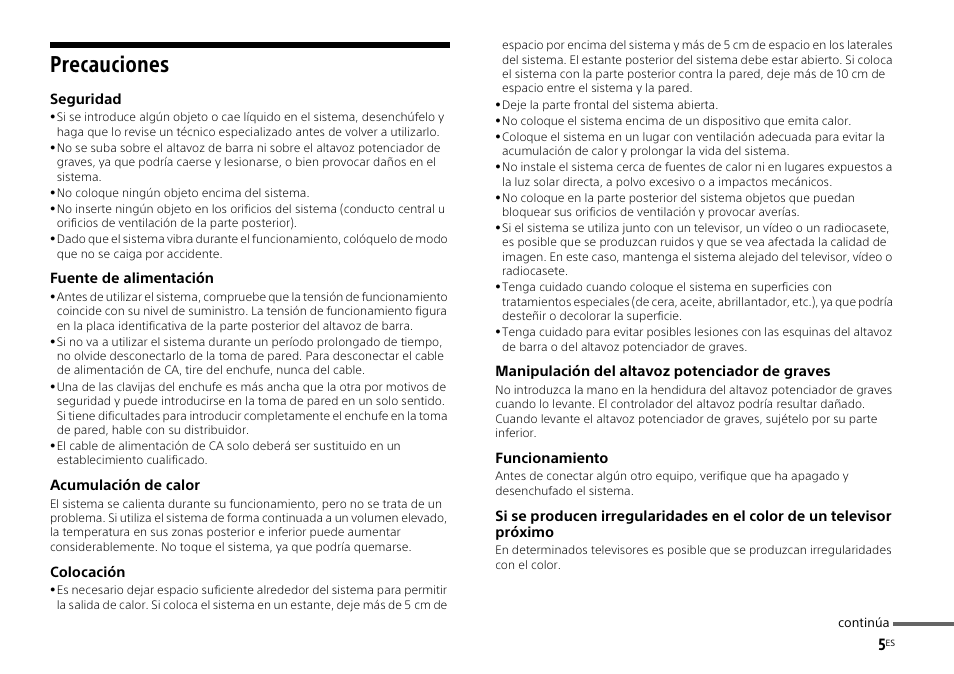 Precauciones | Sony HT-ST3 User Manual | Page 33 / 115