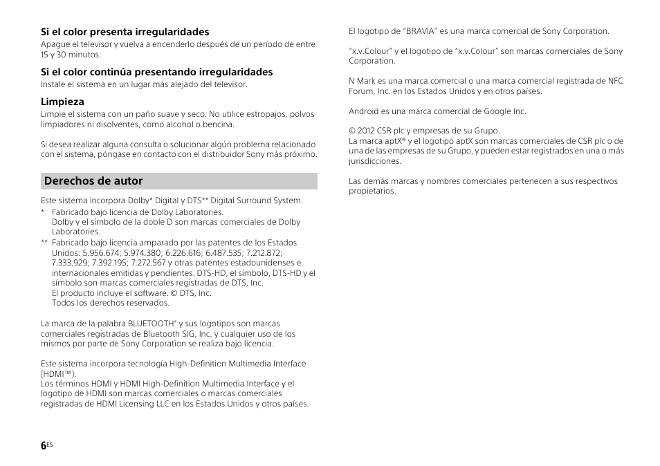 Derechos de autor | Sony HT-ST3 User Manual | Page 34 / 115