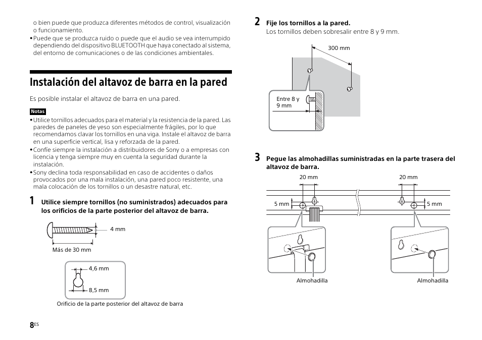 Instalación del altavoz de barra en la pared | Sony HT-ST3 User Manual | Page 36 / 115