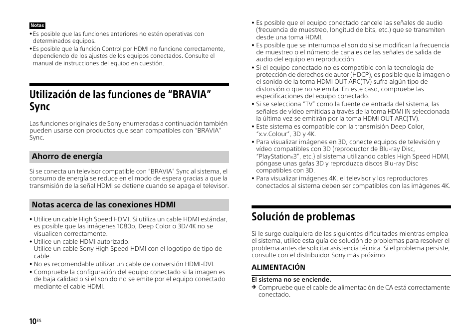 Utilización de las funciones de “bravia” sync, Solución de problemas | Sony HT-ST3 User Manual | Page 38 / 115