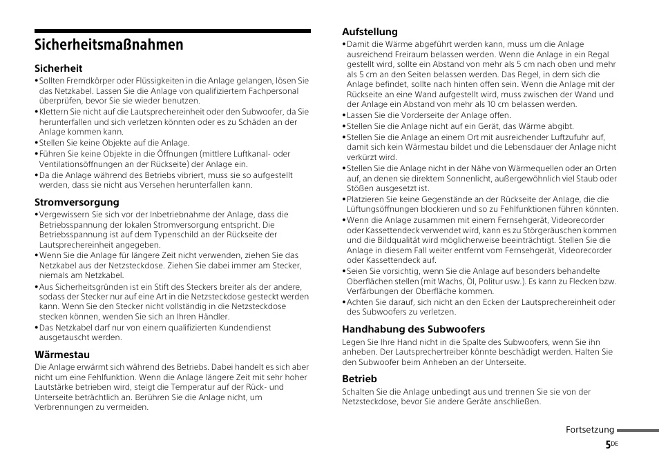 Sicherheitsmaßnahmen | Sony HT-ST3 User Manual | Page 47 / 115