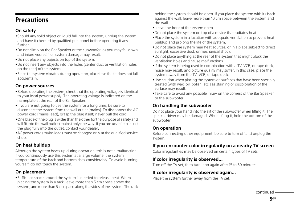 Precautions | Sony HT-ST3 User Manual | Page 5 / 115