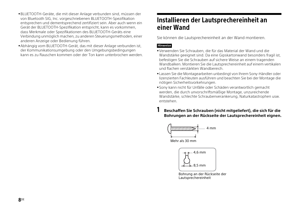 Installieren der lautsprechereinheit an einer wand | Sony HT-ST3 User Manual | Page 50 / 115