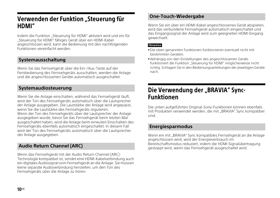 Verwenden der funktion „steuerung für hdmi, Die verwendung der „bravia“ sync- funktionen | Sony HT-ST3 User Manual | Page 52 / 115