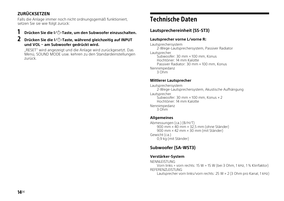 Technische daten | Sony HT-ST3 User Manual | Page 56 / 115