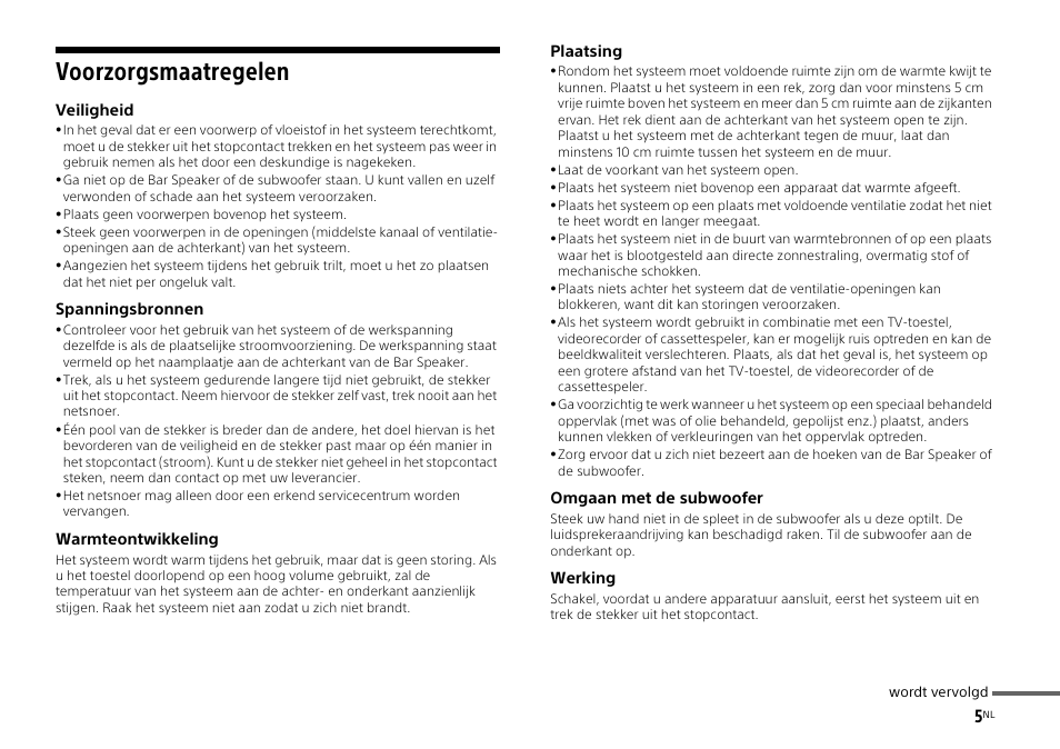 Voorzorgsmaatregelen | Sony HT-ST3 User Manual | Page 63 / 115