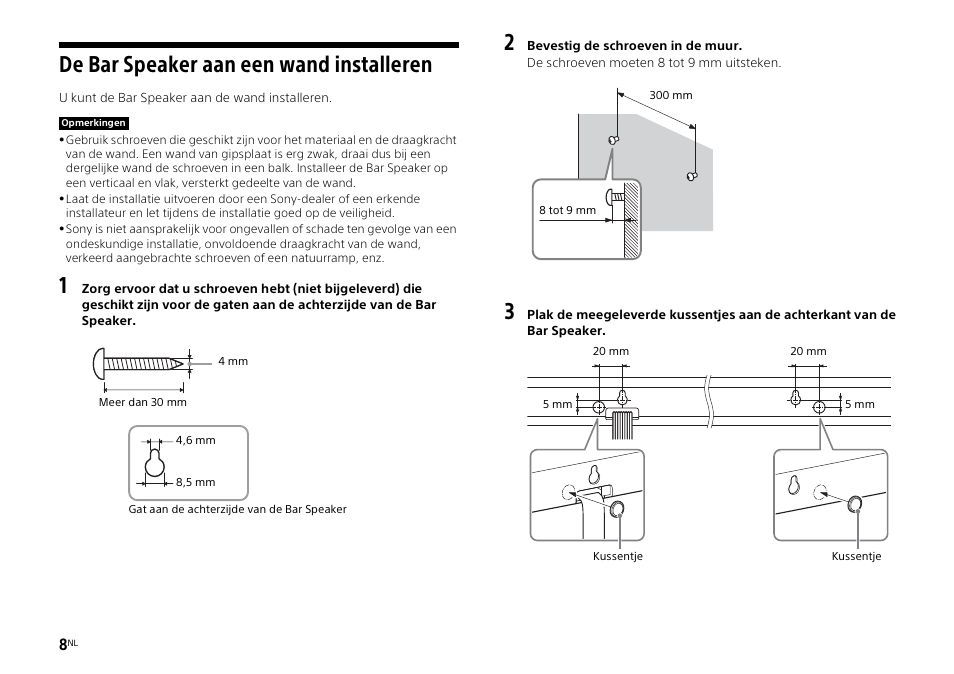 De bar speaker aan een wand installeren | Sony HT-ST3 User Manual | Page 66 / 115