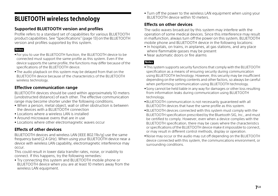 Bluetooth wireless technology | Sony HT-ST3 User Manual | Page 7 / 115