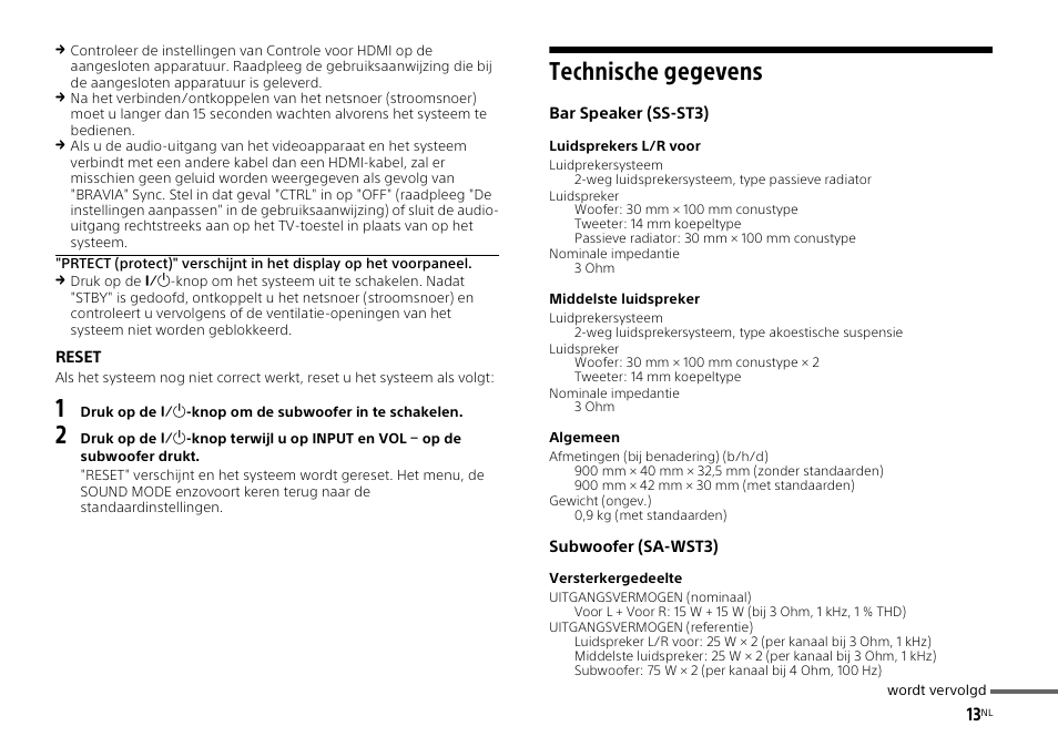 Technische gegevens | Sony HT-ST3 User Manual | Page 71 / 115