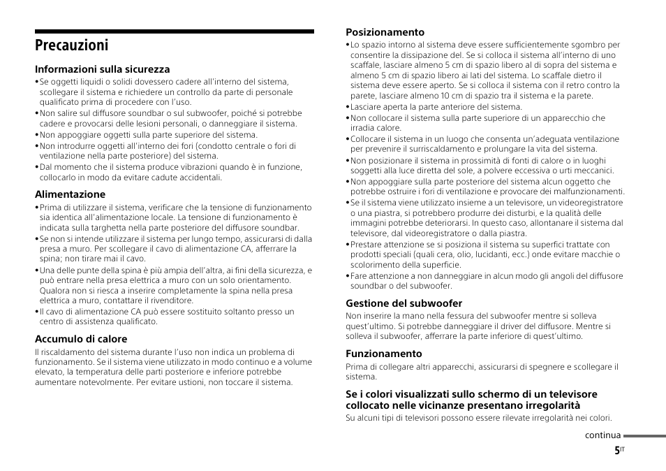 Precauzioni | Sony HT-ST3 User Manual | Page 77 / 115