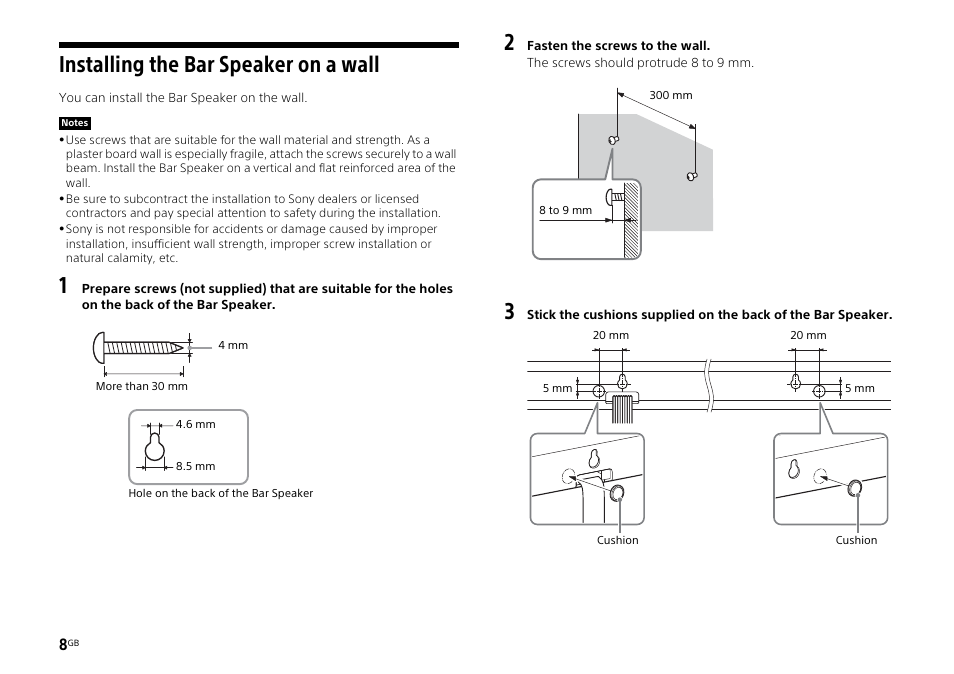 Installing the bar speaker on a wall | Sony HT-ST3 User Manual | Page 8 / 115