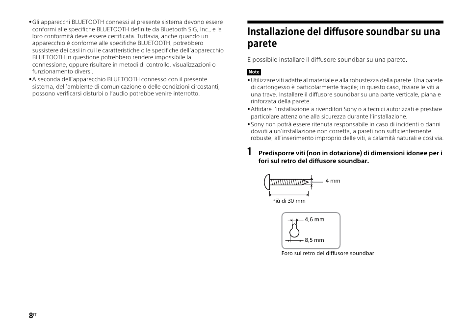 Installazione del diffusore soundbar su una parete | Sony HT-ST3 User Manual | Page 80 / 115