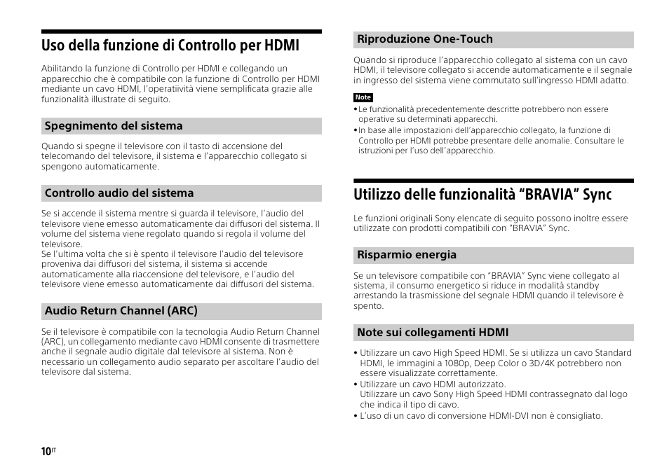 Uso della funzione di controllo per hdmi, Utilizzo delle funzionalità “bravia” sync | Sony HT-ST3 User Manual | Page 82 / 115