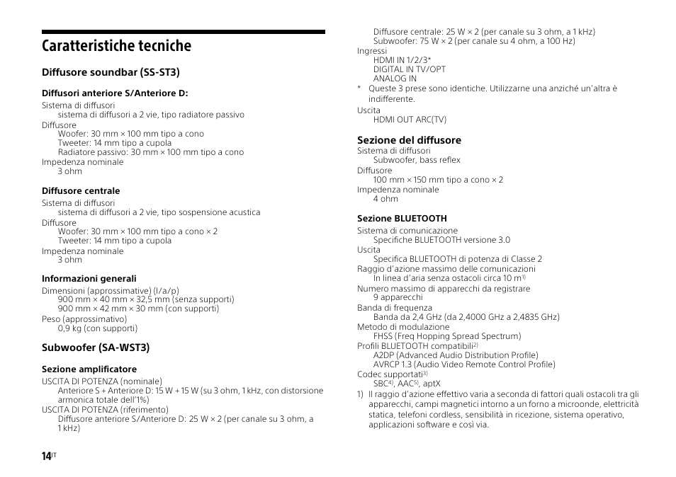 Caratteristiche tecniche | Sony HT-ST3 User Manual | Page 86 / 115