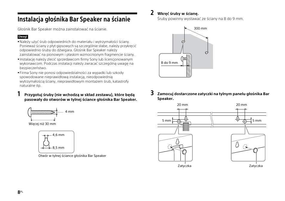 Instalacja głośnika bar speaker na ścianie | Sony HT-ST3 User Manual | Page 96 / 115