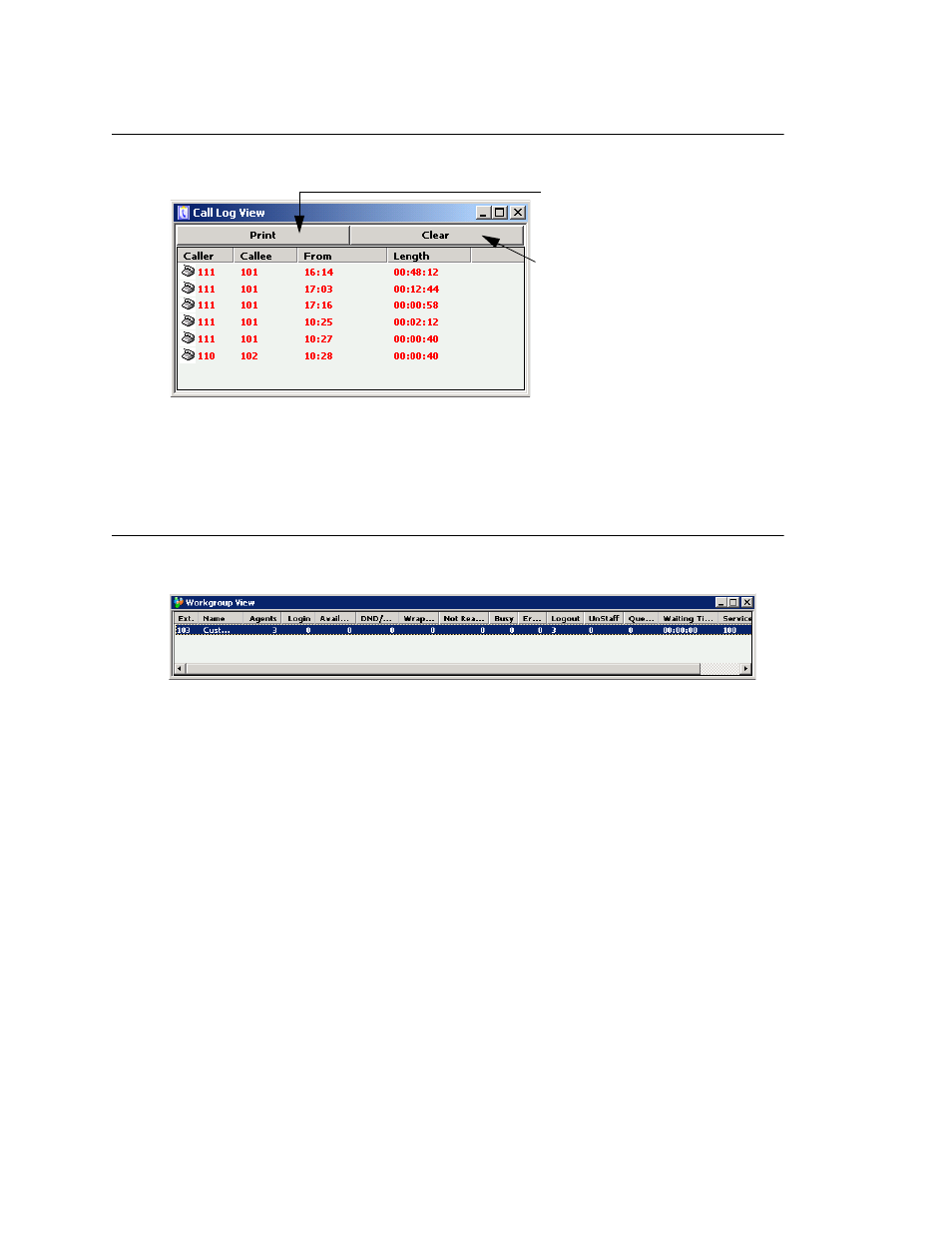 Call log view window, Workgroup view window, Call log view window workgroup view window | AltiGen comm ACM 5.1 User Manual | Page 61 / 454