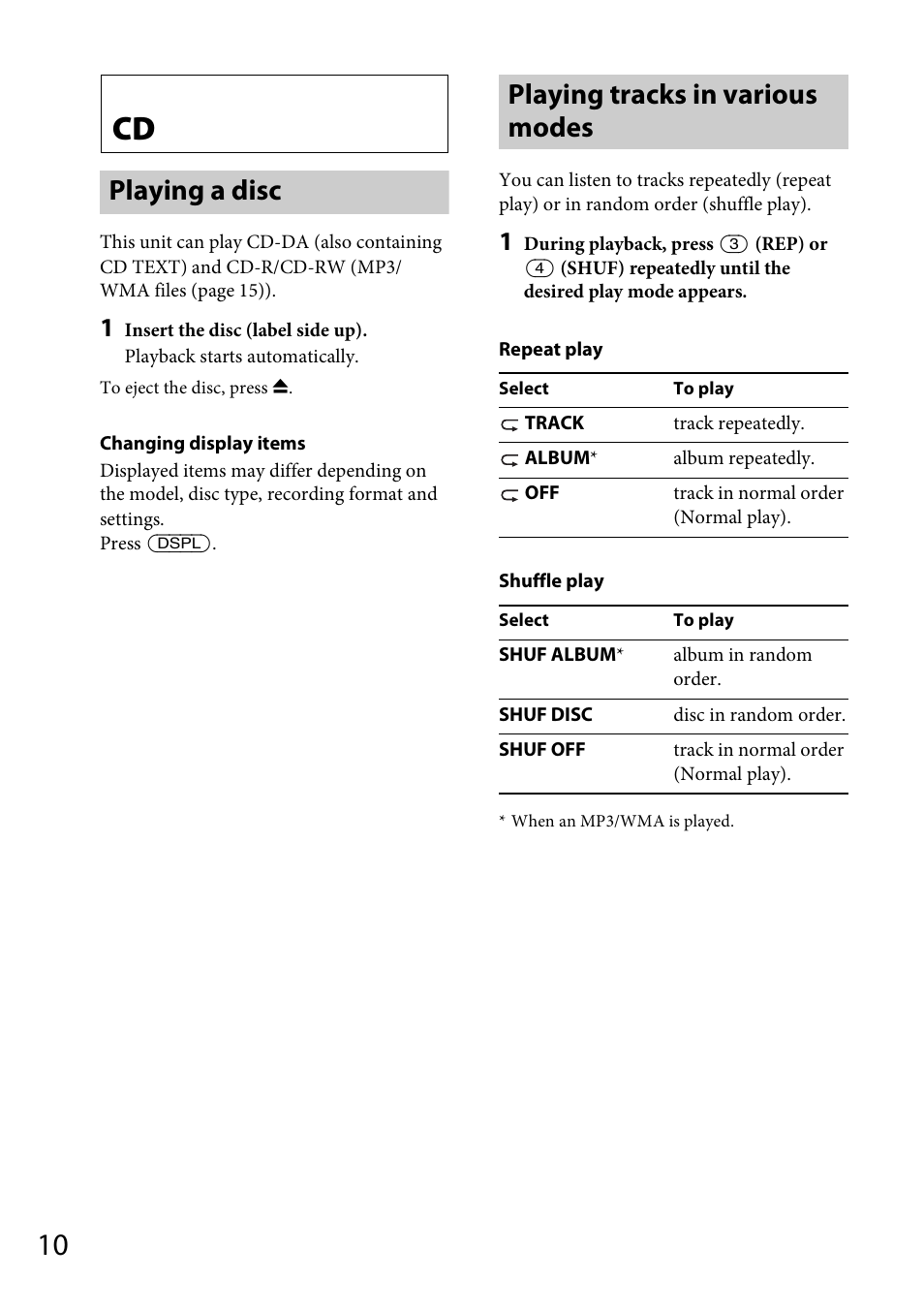 Playing a disc, Playing tracks in various modes, Playing a disc playing tracks in various modes | Sony CDX-GT264MP User Manual | Page 10 / 100