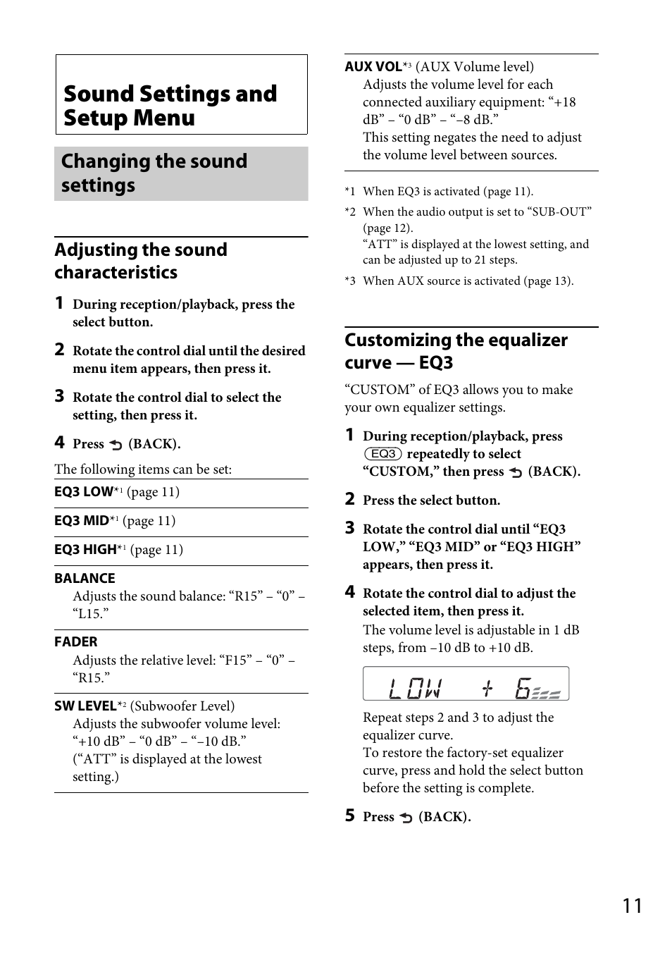 Sound settings and setup menu, Changing the sound settings, Adjusting the sound characteristics 1 | Customizing the equalizer curve — eq3 | Sony CDX-GT264MP User Manual | Page 11 / 100