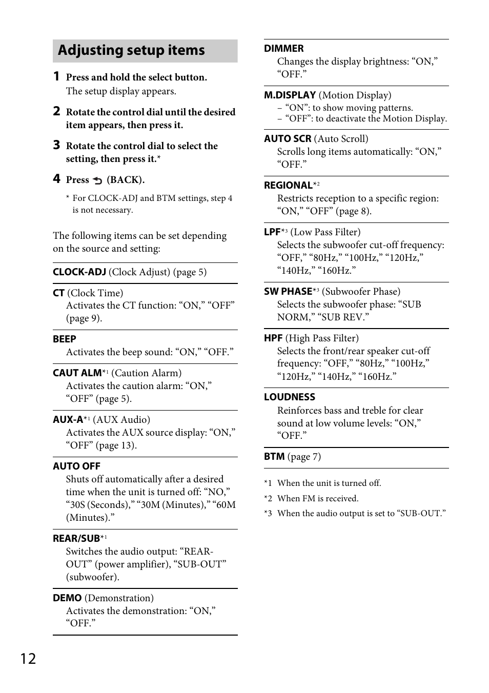 Adjusting setup items | Sony CDX-GT264MP User Manual | Page 12 / 100