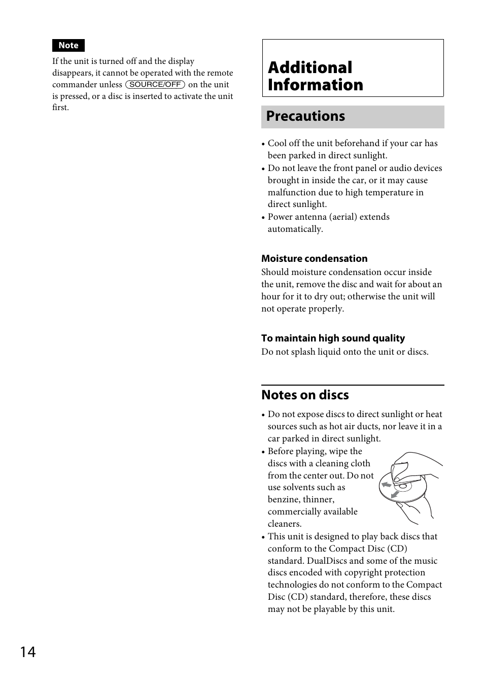 Additional information, Precautions | Sony CDX-GT264MP User Manual | Page 14 / 100