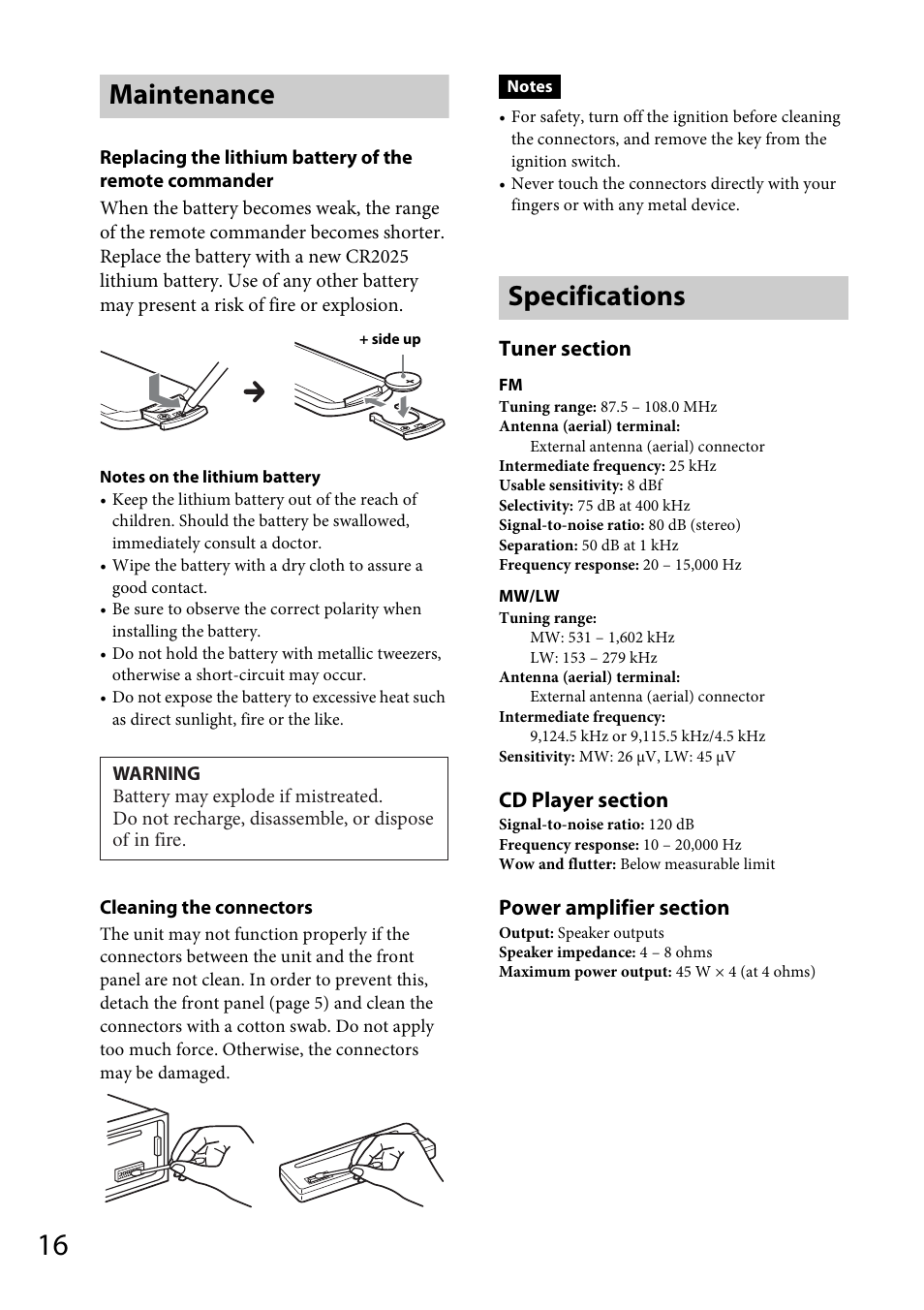 Maintenance, Specifications, Maintenance specifications | Sony CDX-GT264MP User Manual | Page 16 / 100