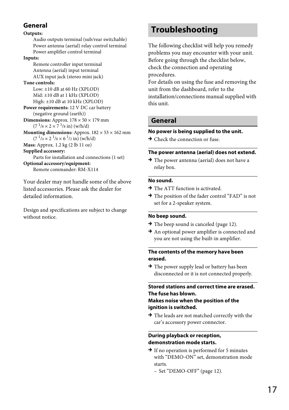 Troubleshooting, General | Sony CDX-GT264MP User Manual | Page 17 / 100