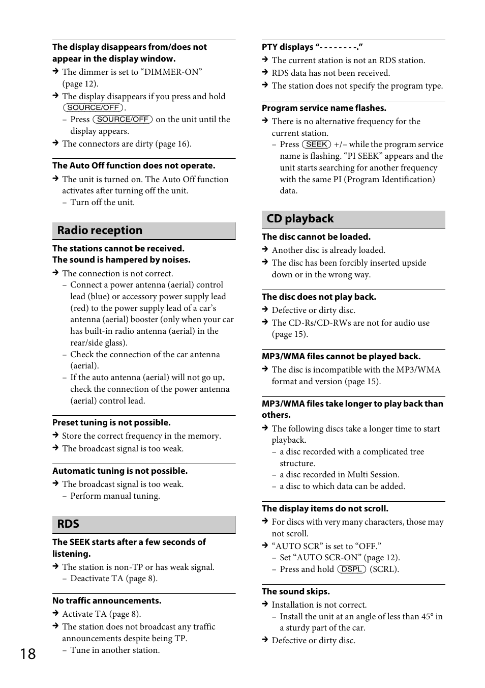 Radio reception, Cd playback | Sony CDX-GT264MP User Manual | Page 18 / 100
