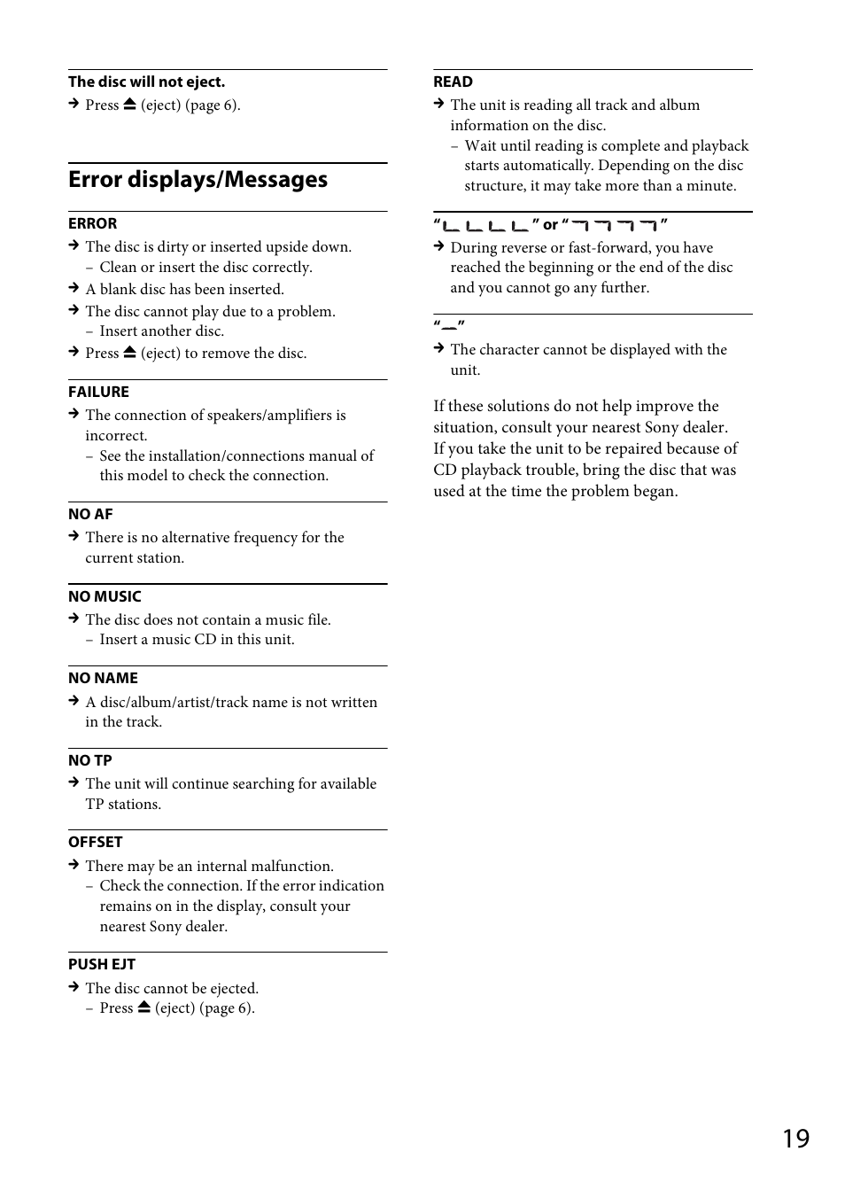 Error displays/messages | Sony CDX-GT264MP User Manual | Page 19 / 100