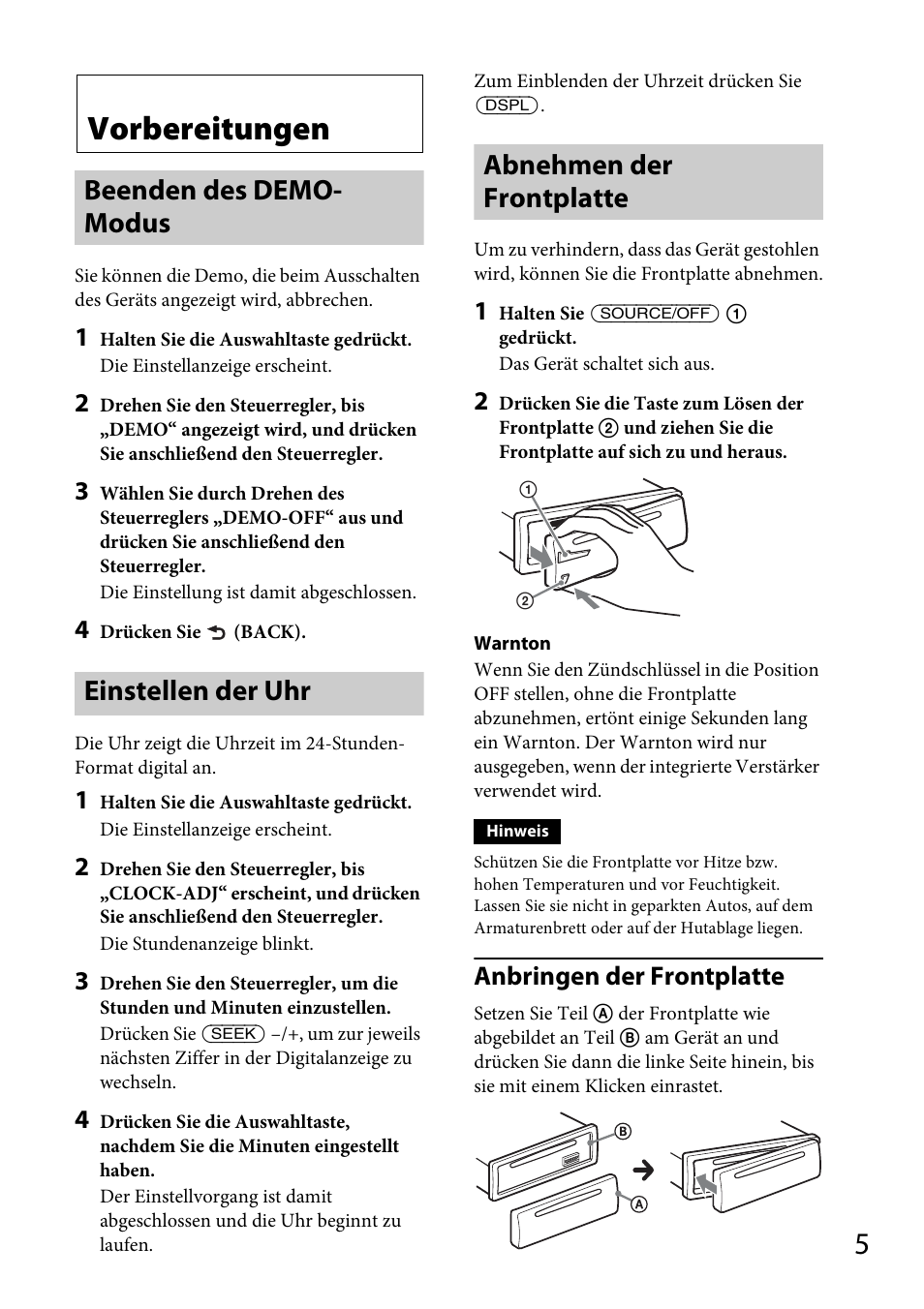 Vorbereitungen, Beenden des demo- modus, Einstellen der uhr | Abnehmen der frontplatte, Seite 5, Anbringen der frontplatte | Sony CDX-GT264MP User Manual | Page 23 / 100