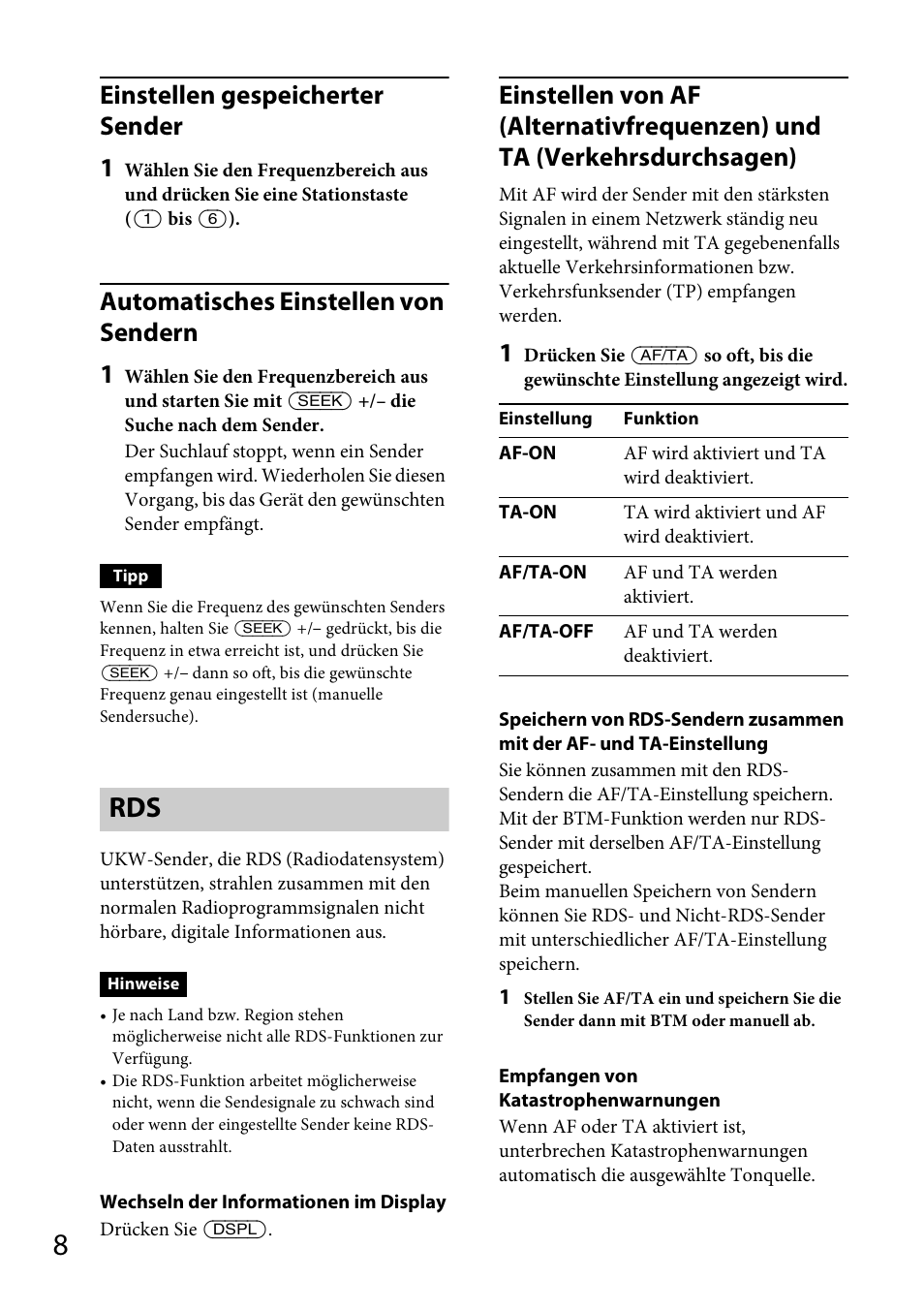 Seite 8, Einstellen gespeicherter sender 1, Automatisches einstellen von sendern 1 | Sony CDX-GT264MP User Manual | Page 26 / 100
