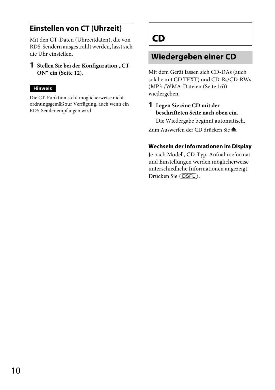 Wiedergeben einer cd, Einstellen von ct (uhrzeit) | Sony CDX-GT264MP User Manual | Page 28 / 100