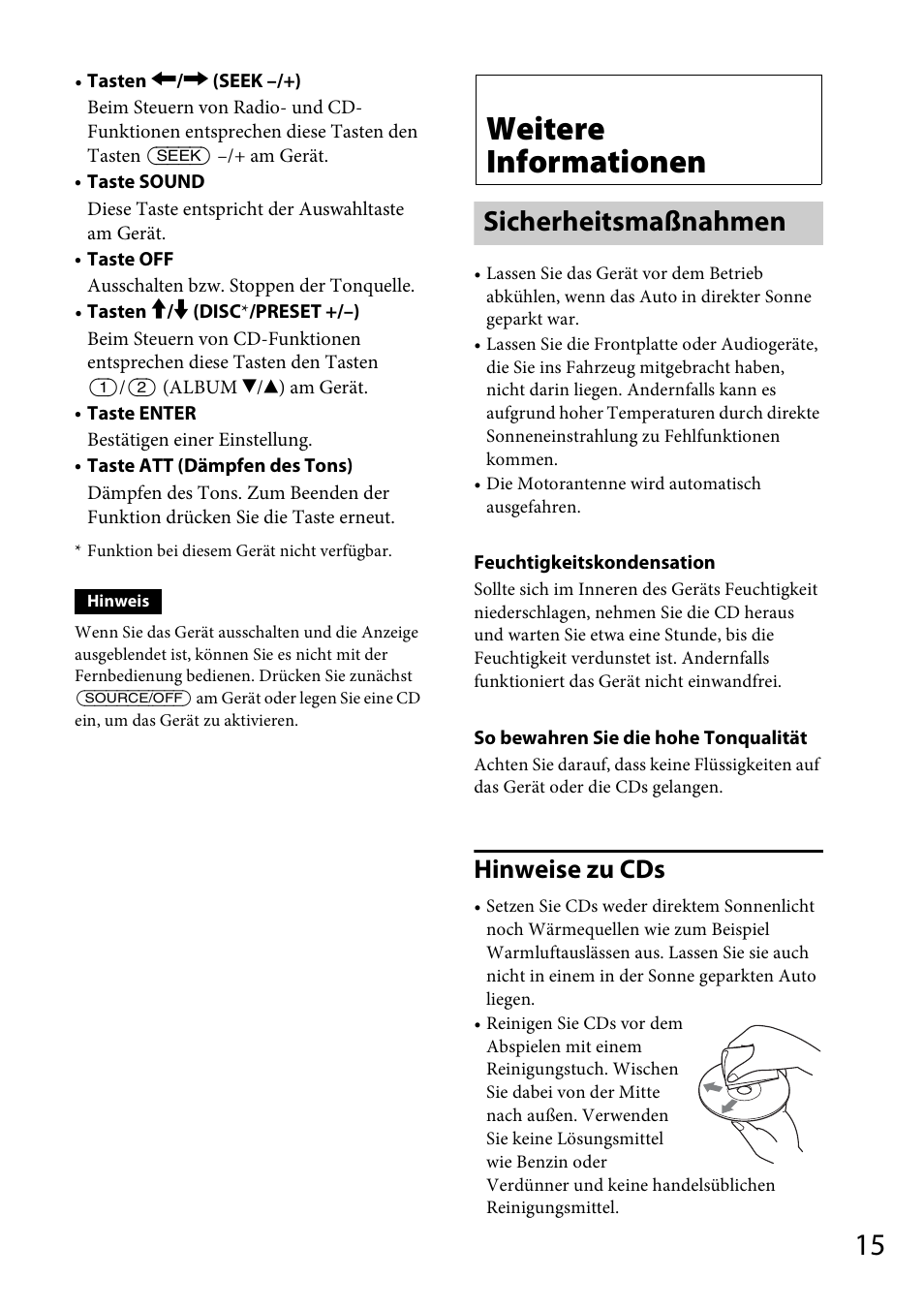 Weitere informationen, Sicherheitsmaßnahmen, Hinweise zu cds | Sony CDX-GT264MP User Manual | Page 33 / 100