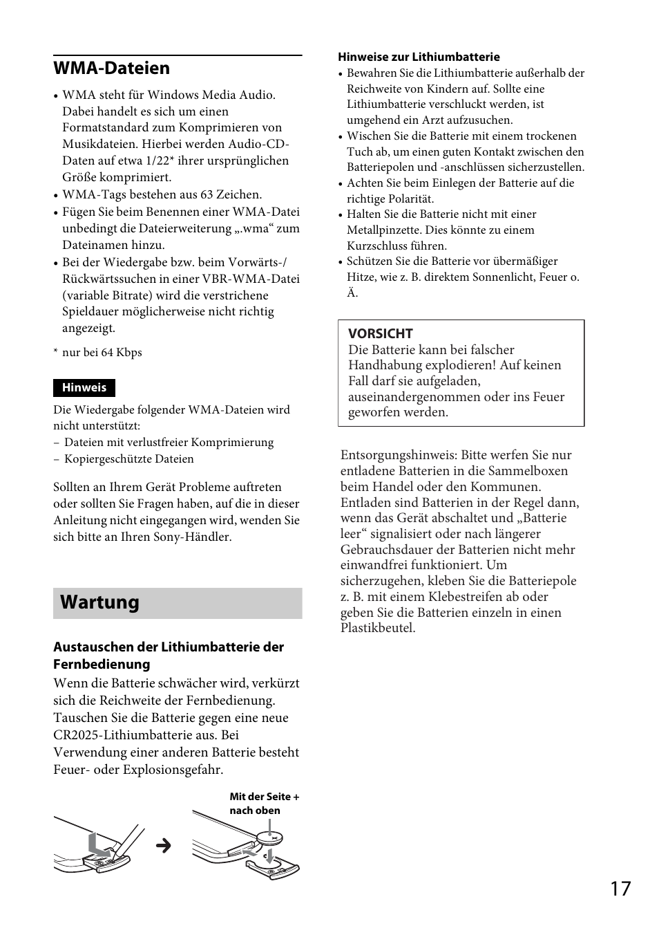 Wartung, Wma-dateien | Sony CDX-GT264MP User Manual | Page 35 / 100