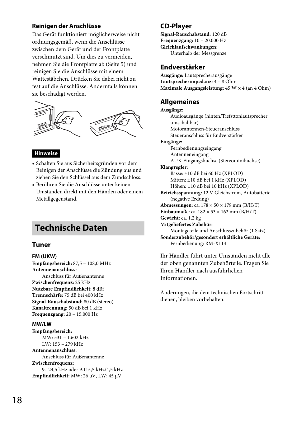 Technische daten, Tuner, Cd-player | Endverstärker, Allgemeines | Sony CDX-GT264MP User Manual | Page 36 / 100