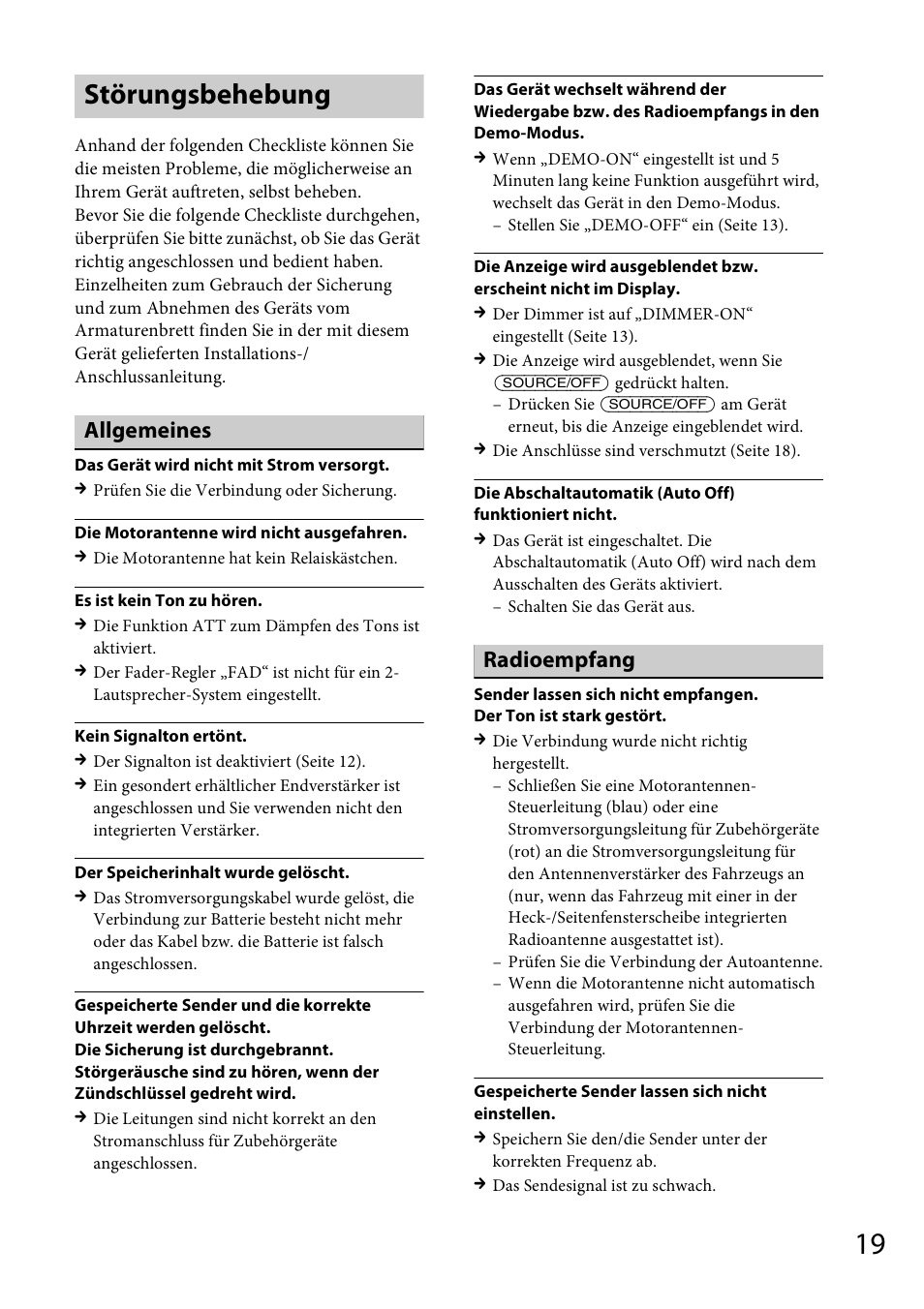 Störungsbehebung, Allgemeines, Radioempfang | Sony CDX-GT264MP User Manual | Page 37 / 100