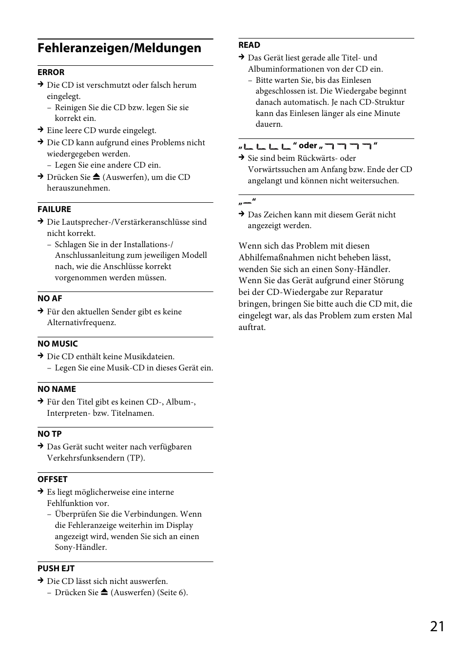Fehleranzeigen/meldungen | Sony CDX-GT264MP User Manual | Page 39 / 100