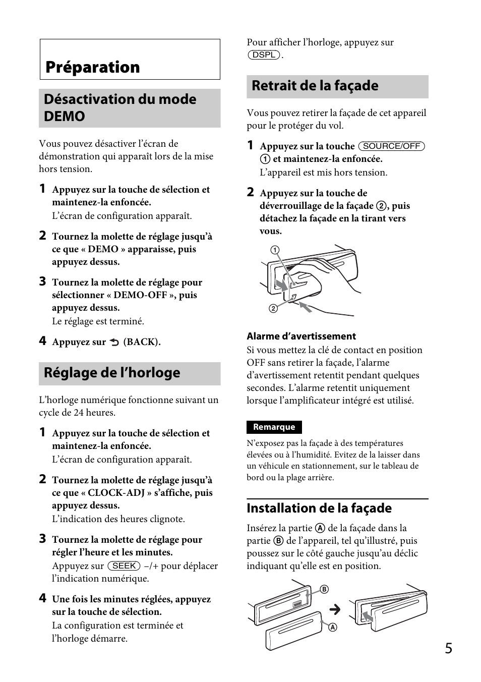 Préparation, Désactivation du mode demo, Réglage de l’horloge | Retrait de la façade, Installation de la façade | Sony CDX-GT264MP User Manual | Page 43 / 100