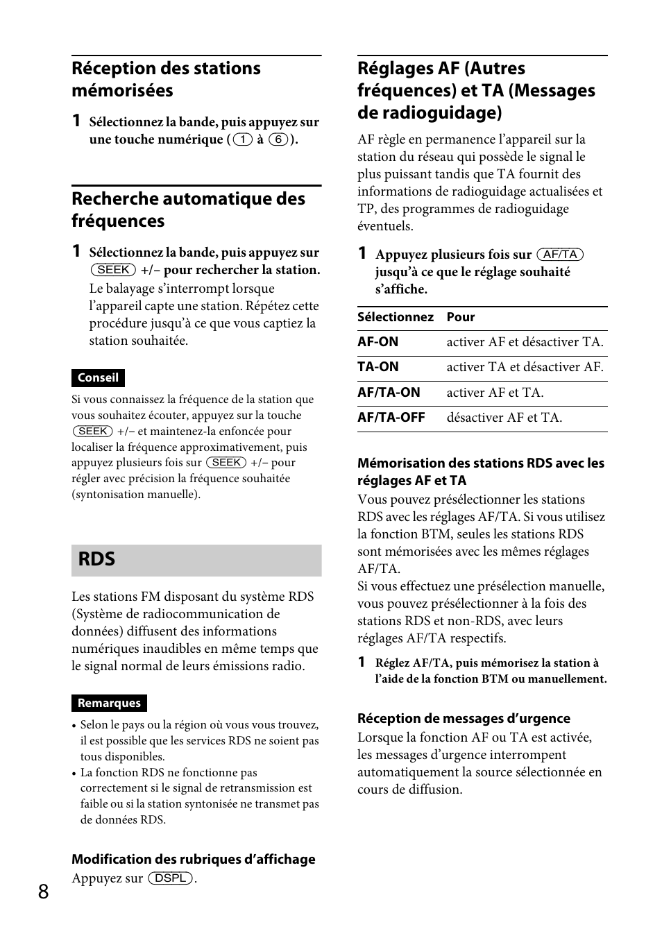 Réception des stations mémorisées 1, Recherche automatique des fréquences 1 | Sony CDX-GT264MP User Manual | Page 46 / 100